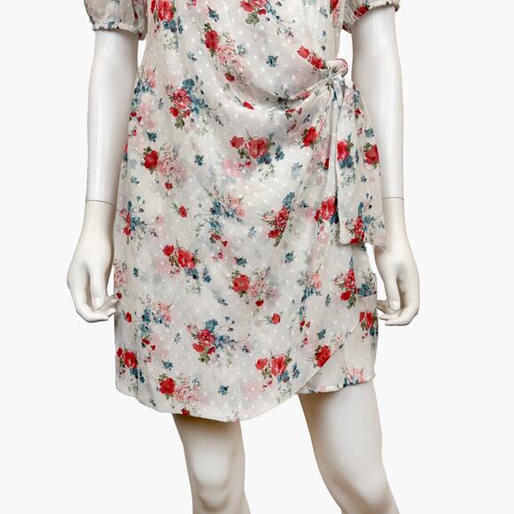 NWT COLLECTIVE CONCEPTS Sheer Floral V-Neck Wrap Mini Dress (White | Size S) - Picture 8 of 14